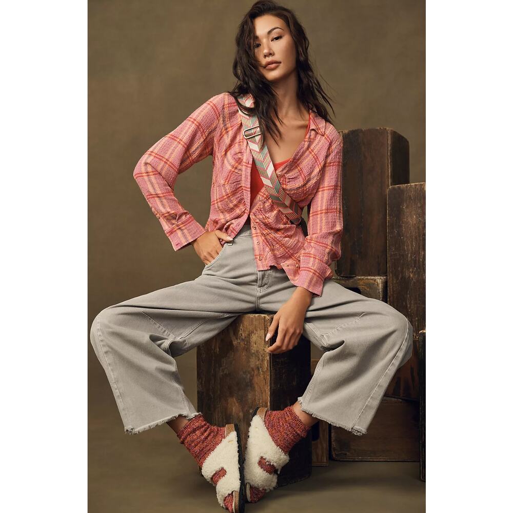 Anthropologie Pilcro Ruched Deep-V Pink Plaid Button Down Blouse Women's Size S